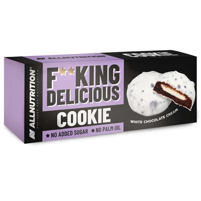 Allnutrition FITKING Delicious Cookies, White Chocolate Cream, schwarze und lilafarbene Schachtel.