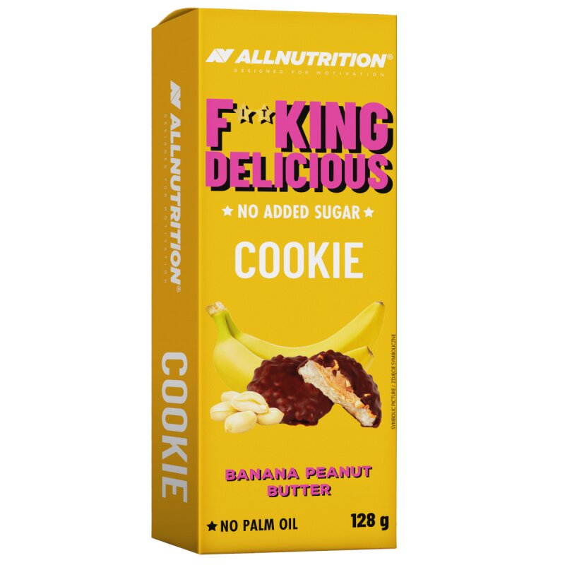 Allnutrition FITKING Delicious Cookies II, Banana Peanut Butter, gelbe Schachtel.