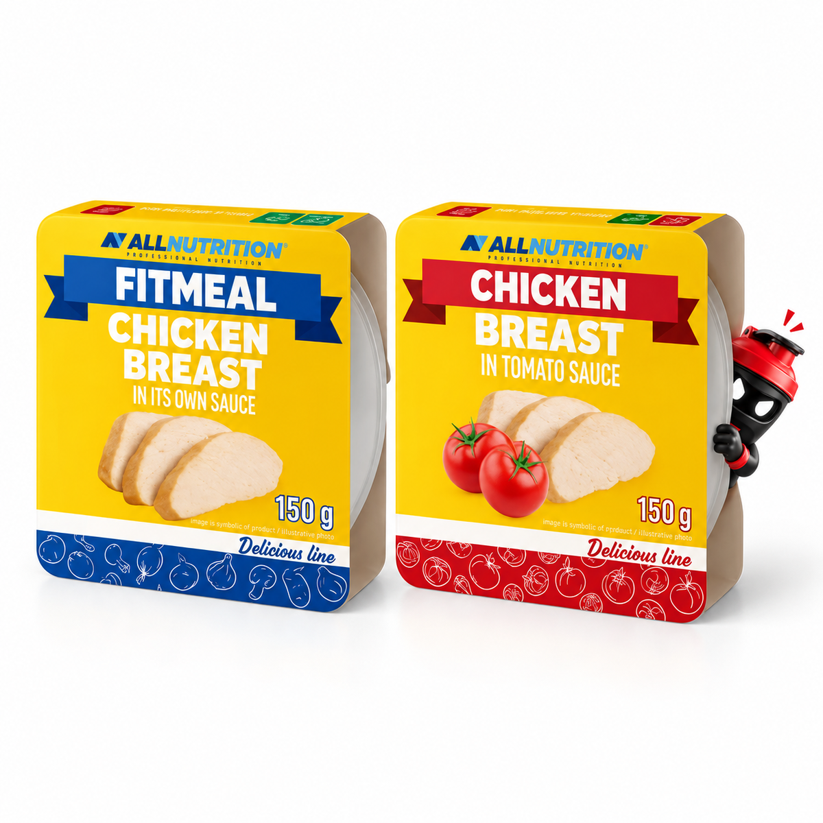 Allnutrition Fitmeal Hähnchenbrust in Sauce 150g, Zwei gelbe Schalenverpackungen, eigene Sauce und Tomatensauce, mit Shaker-Maskottchen.