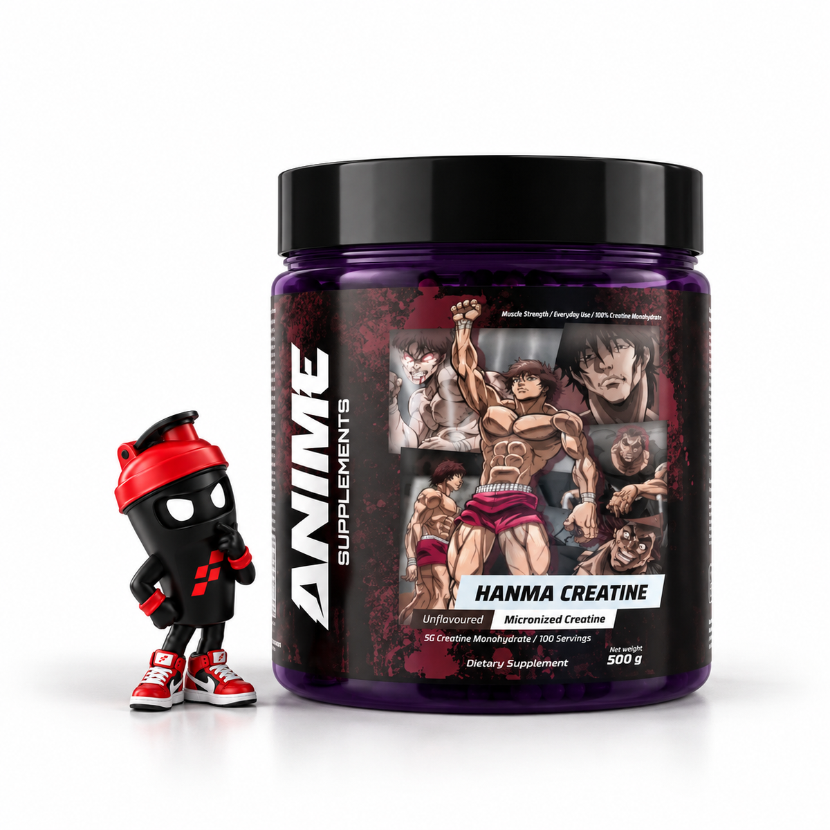 Anime Supplements Hanma Creatine Kreatin Monohydrat 500 g, Violette Unflavoured-Kreatindose mit Anime-Figuren und Shaker-Maskottchen.