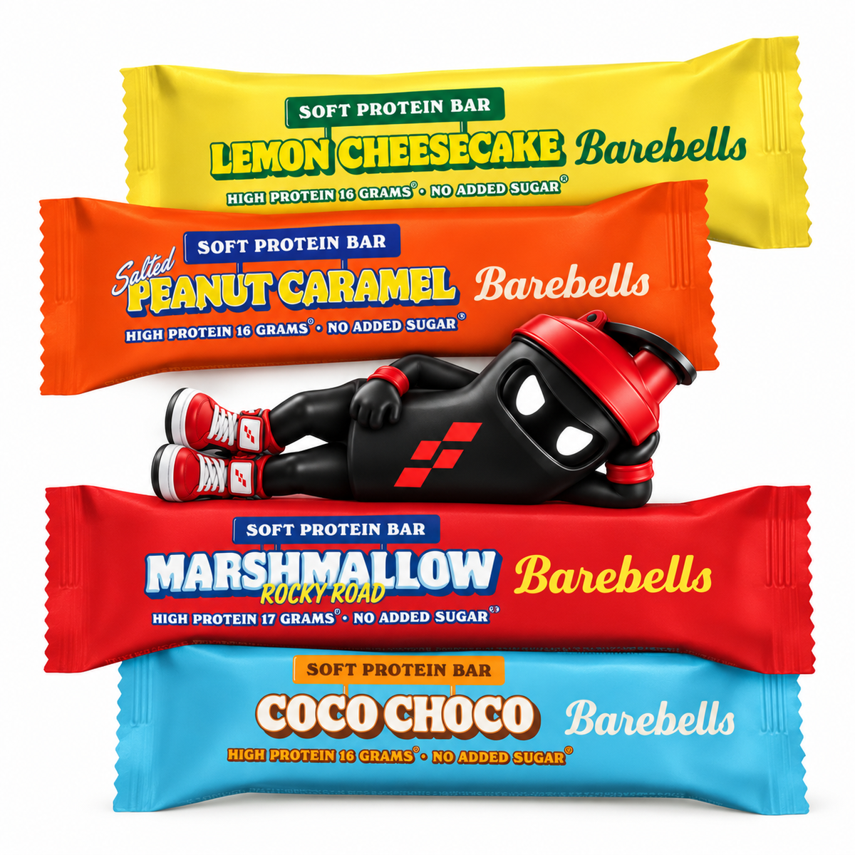 Barebells Soft Protein Bar 55g, Vier verpackte Riegel Lemon Cheesecake, Salted Peanut Caramel, Marshmallow Rocky Road und Coco Choco mit Shaker-Maskottchen.