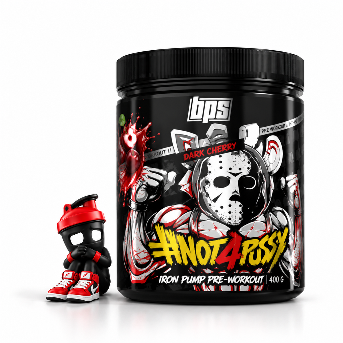 BPS Pharma NOT4PUSSY Iron Pump 400g, Schwarze Dose Dark Cherry mit Maskenmotiv und Shaker-Maskottchen.