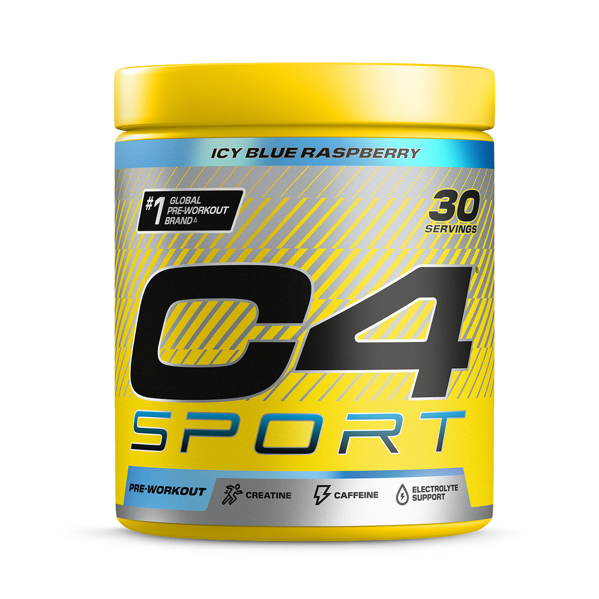 C4 Sport Pre-Workout, Gelbe Dose C4 Sport Icy Blue Raspberry, Vorderansicht.