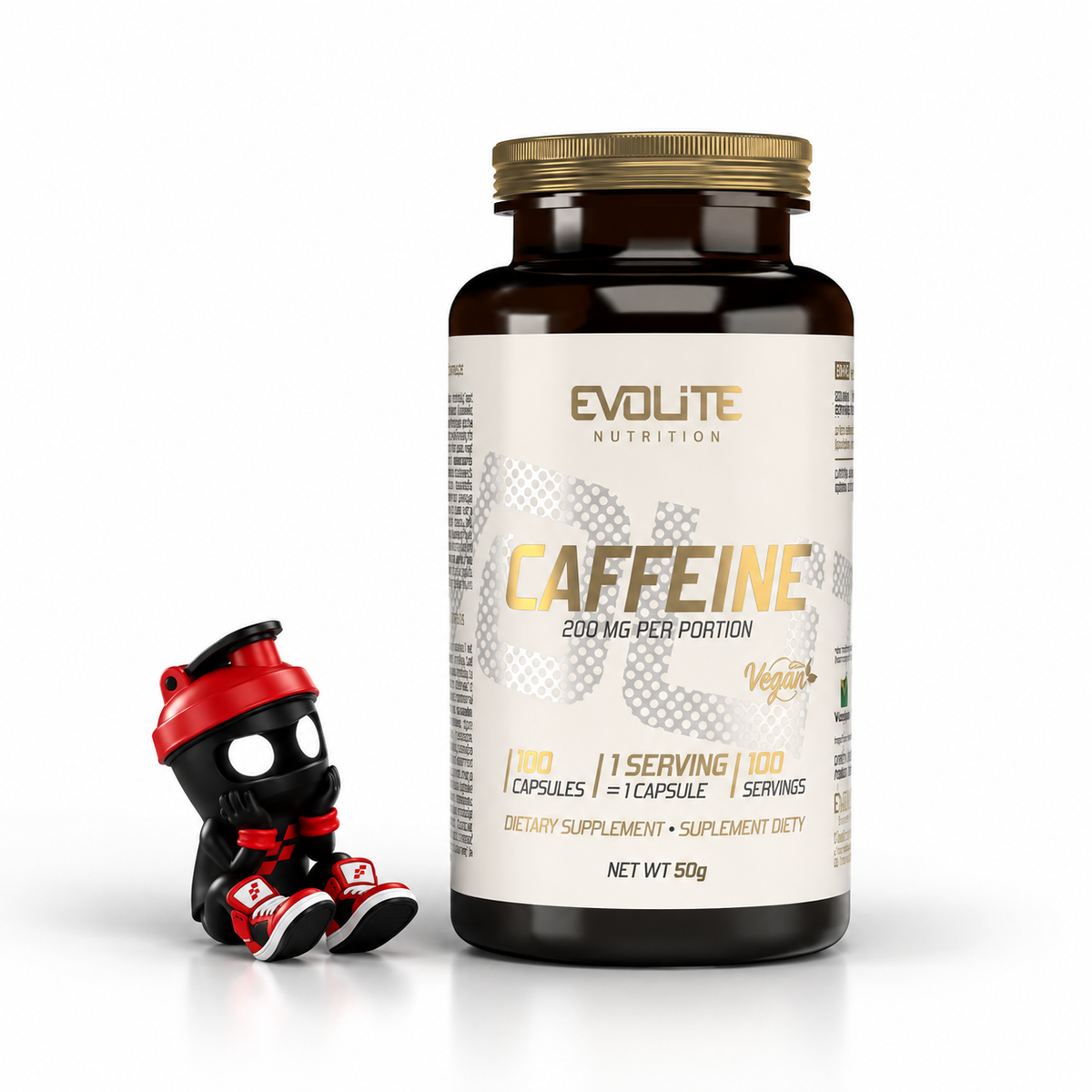Evolite Nutrition Caffeine 200mg 100caps, Braune Flasche mit goldenem Deckel und sitzendem Shaker-Maskottchen.