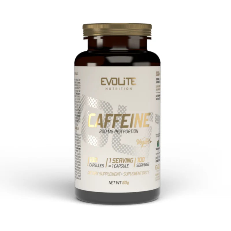 Evolite Nutrition Caffeine 200mg 100caps, Braune Flasche mit goldenem Deckel, Vorderansicht.