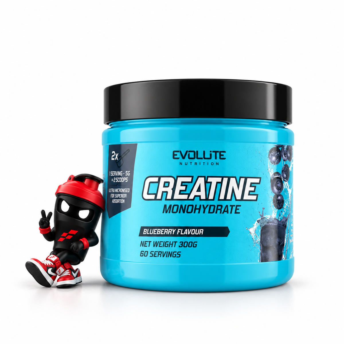 Evolite Nutrition Creatine Monohydrate 300g, Türkisfarbene Dose Blueberry mit Shaker-Maskottchen.
