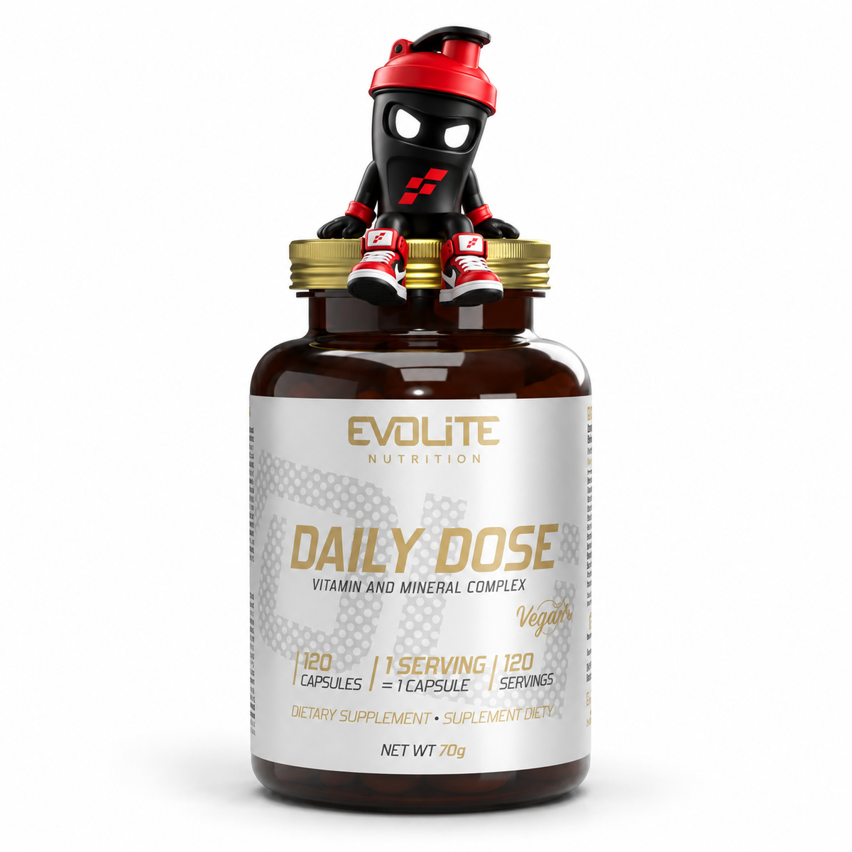 Evolite Nutrition Daily Dose 120 Vege Caps, Braune Flasche mit goldenem Deckel und Shaker-Maskottchen auf dem Deckel.
