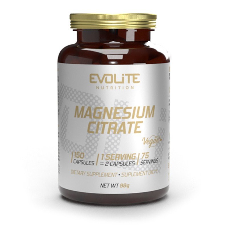 Evolite Nutrition Magnesium Citrate 550mg 150 Vege Caps, Braune Flasche mit goldenem Deckel, Vorderansicht.
