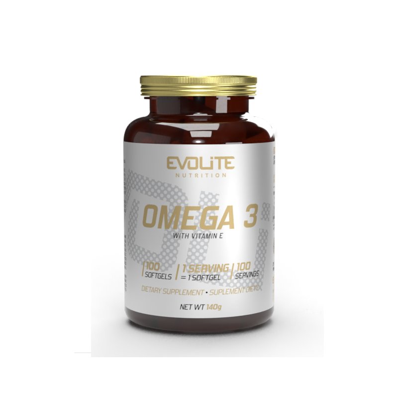 Evolite Nutrition Omega 3 - 100caps, Braune Flasche mit goldenem Deckel, Vorderansicht.