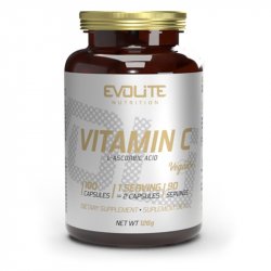 Evolite Nutrition Vitamin C 500mg, Braune Vitamin-C-Flasche mit goldenem Deckel, Vorderansicht.
