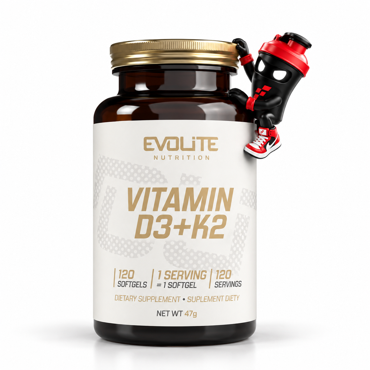Evolite Nutrition Vitamin D3+K2 120 Caps, Braune Flasche mit goldenem Deckel und Shaker-Maskottchen.