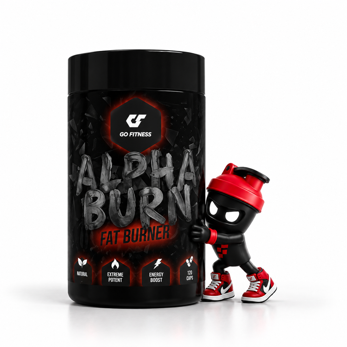 GoFitness Nutrition - Alpha-Burn - 120 Kapseln, Schwarze Dose mit Shaker-Maskottchen.