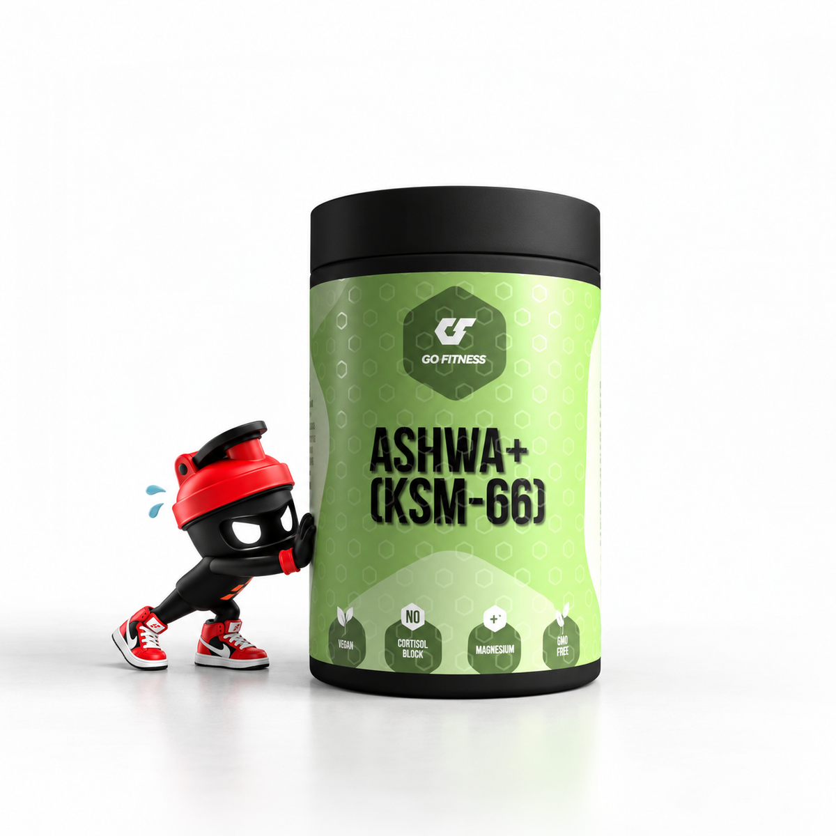 GoFitness Nutrition Ashwa + (KSM-66) 60Caps, Grüne Dose mit schwarzem Deckel und Shaker-Maskottchen.