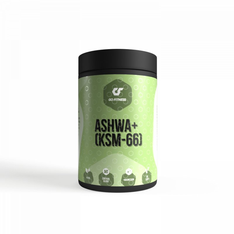 GoFitness Nutrition Ashwa + (KSM-66) 60Caps, Grüne Dose, Vorderansicht.