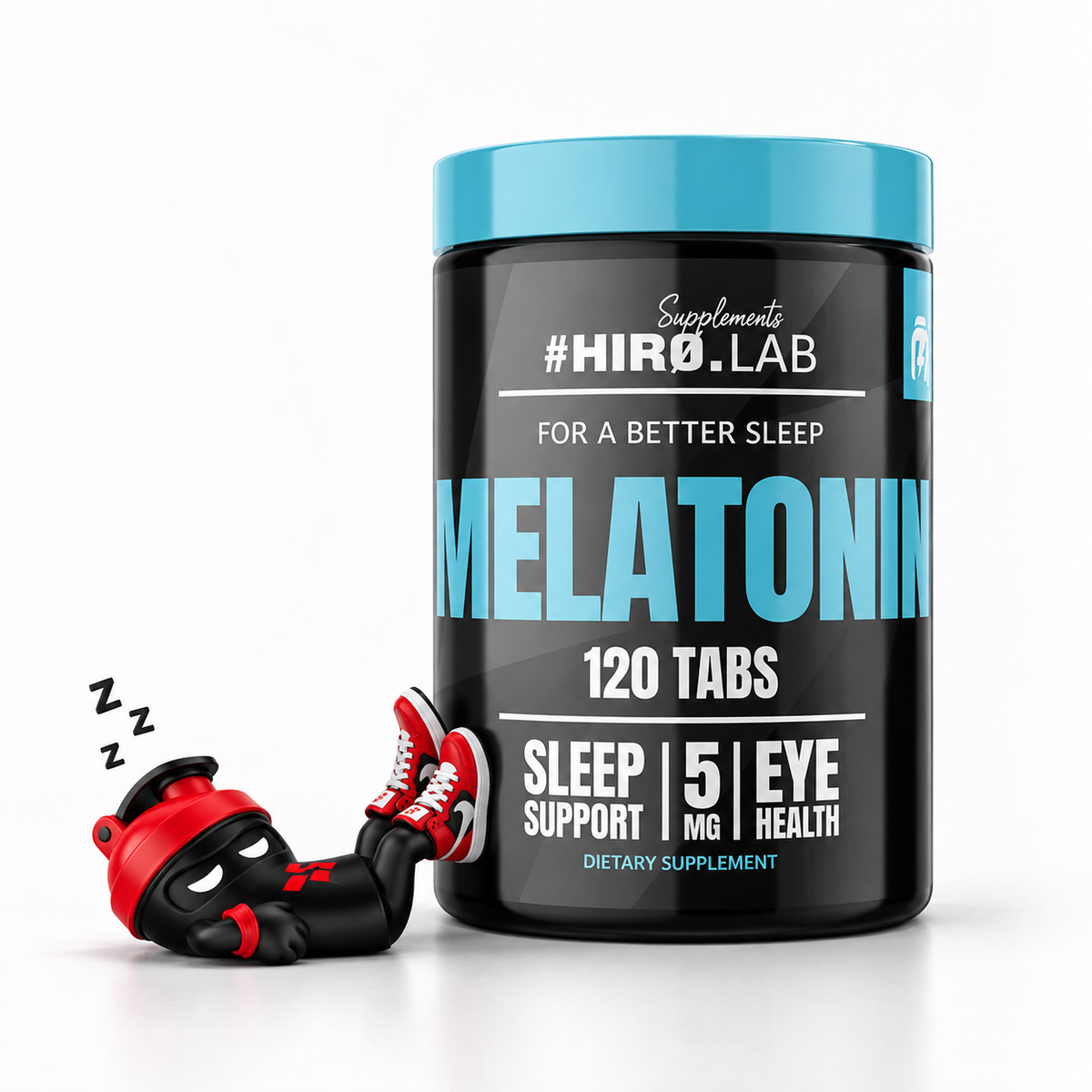 Hiro Lab Melatonin 5 mg – 120 Tabletten, Schwarze Dose mit türkisfarbenem Deckel und schlafendem Shaker-Maskottchen.