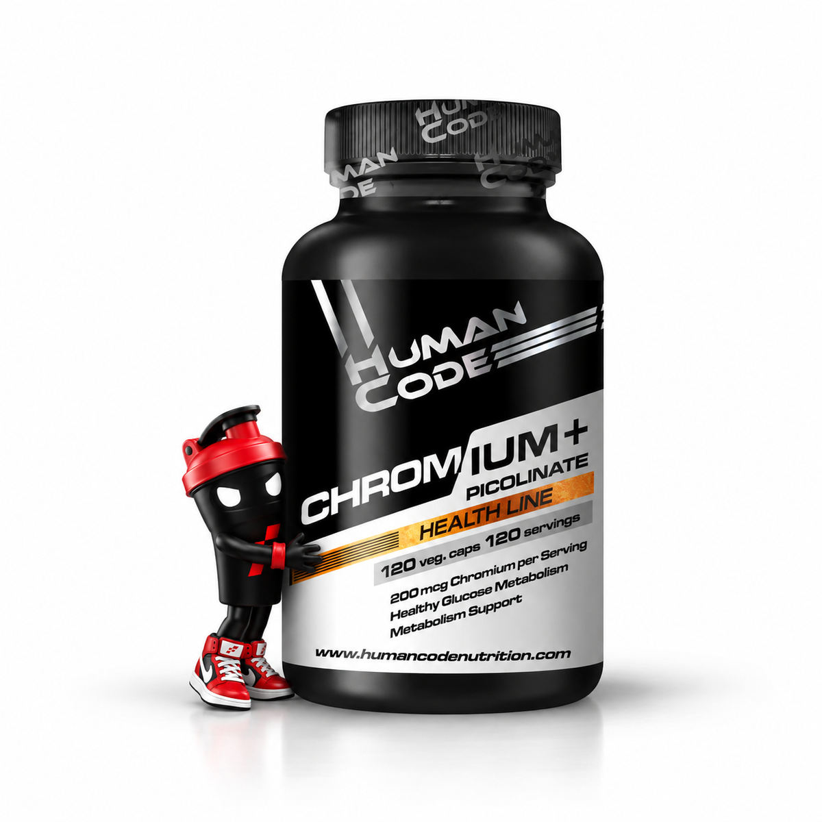 Human Code Chromium Picolinate 120caps, Schwarze Kapseldose mit weiß-orangefarbenem Etikett und Shaker-Maskottchen.
