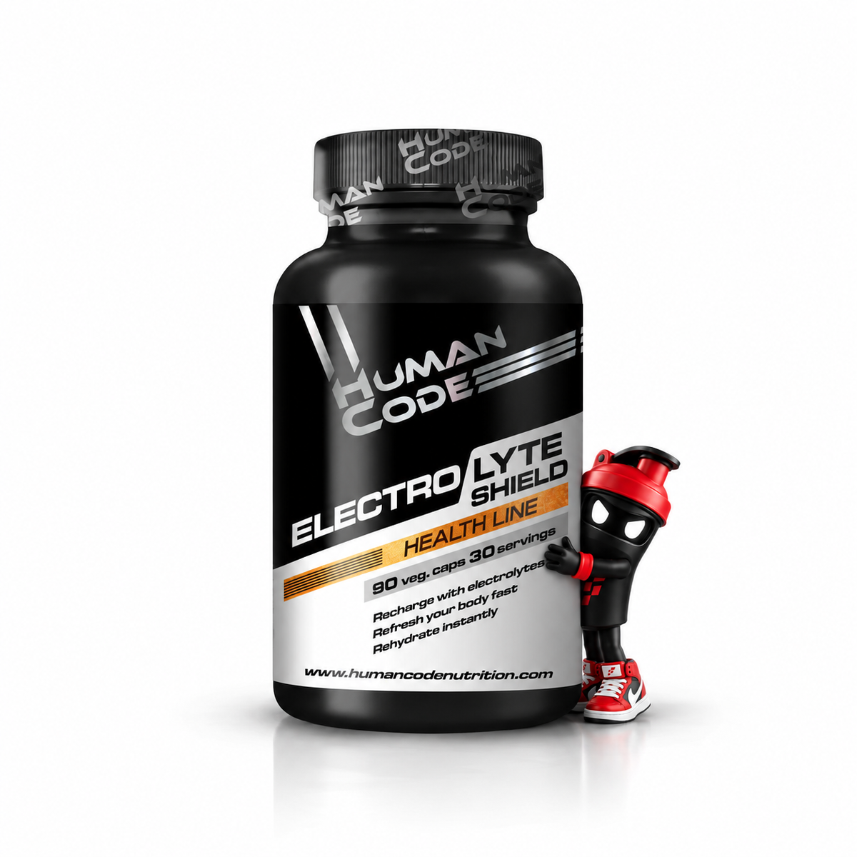 Human Code Electrolyte Shield 90 Vege Caps, Schwarze Kapseldose mit weiß-orangefarbenem Etikett und Shaker-Maskottchen.