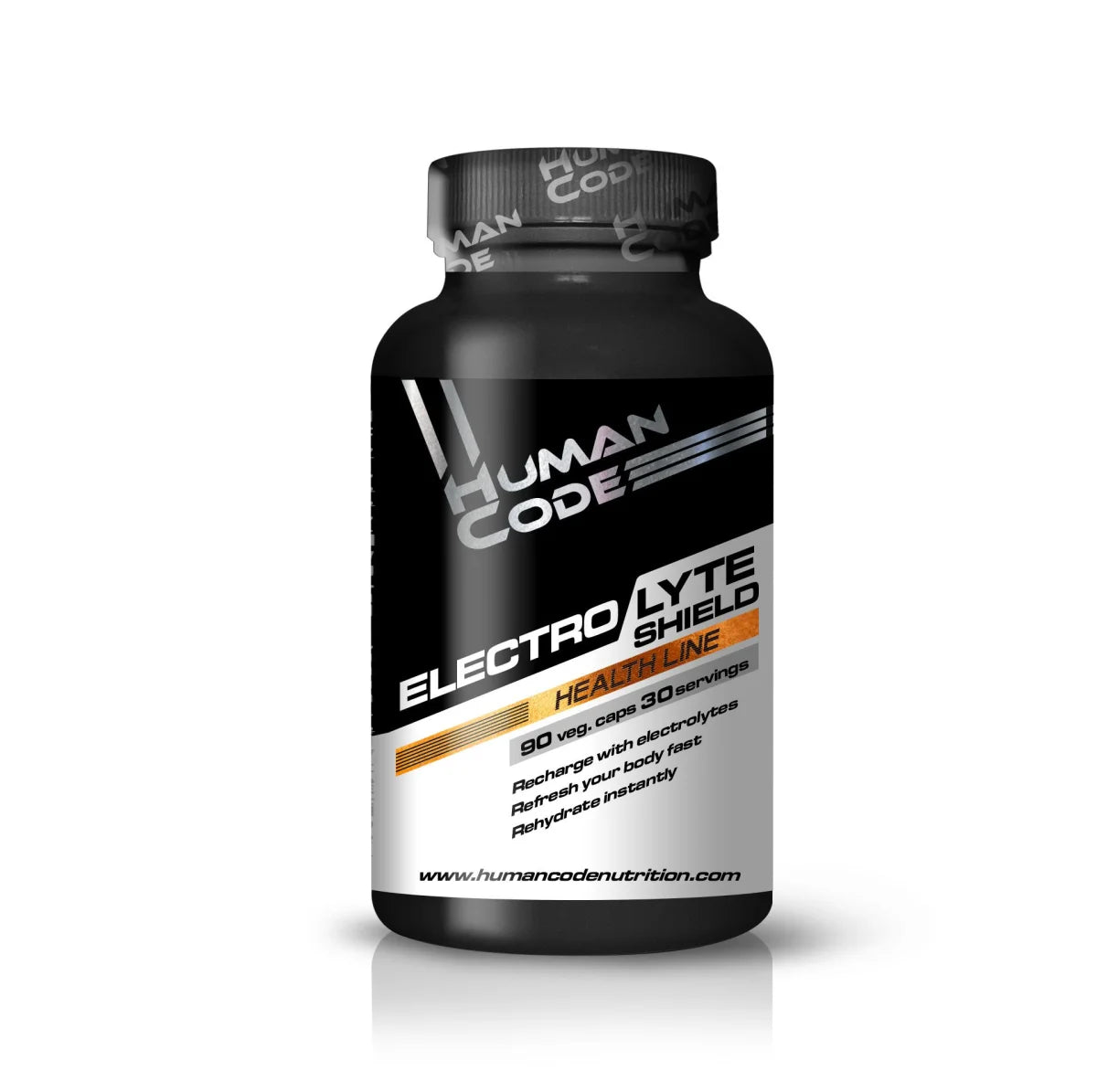Human Code Electrolyte Shield 90 Vege Caps, Schwarze Kapseldose mit weiß-orangefarbenem Etikett, Vorderansicht.