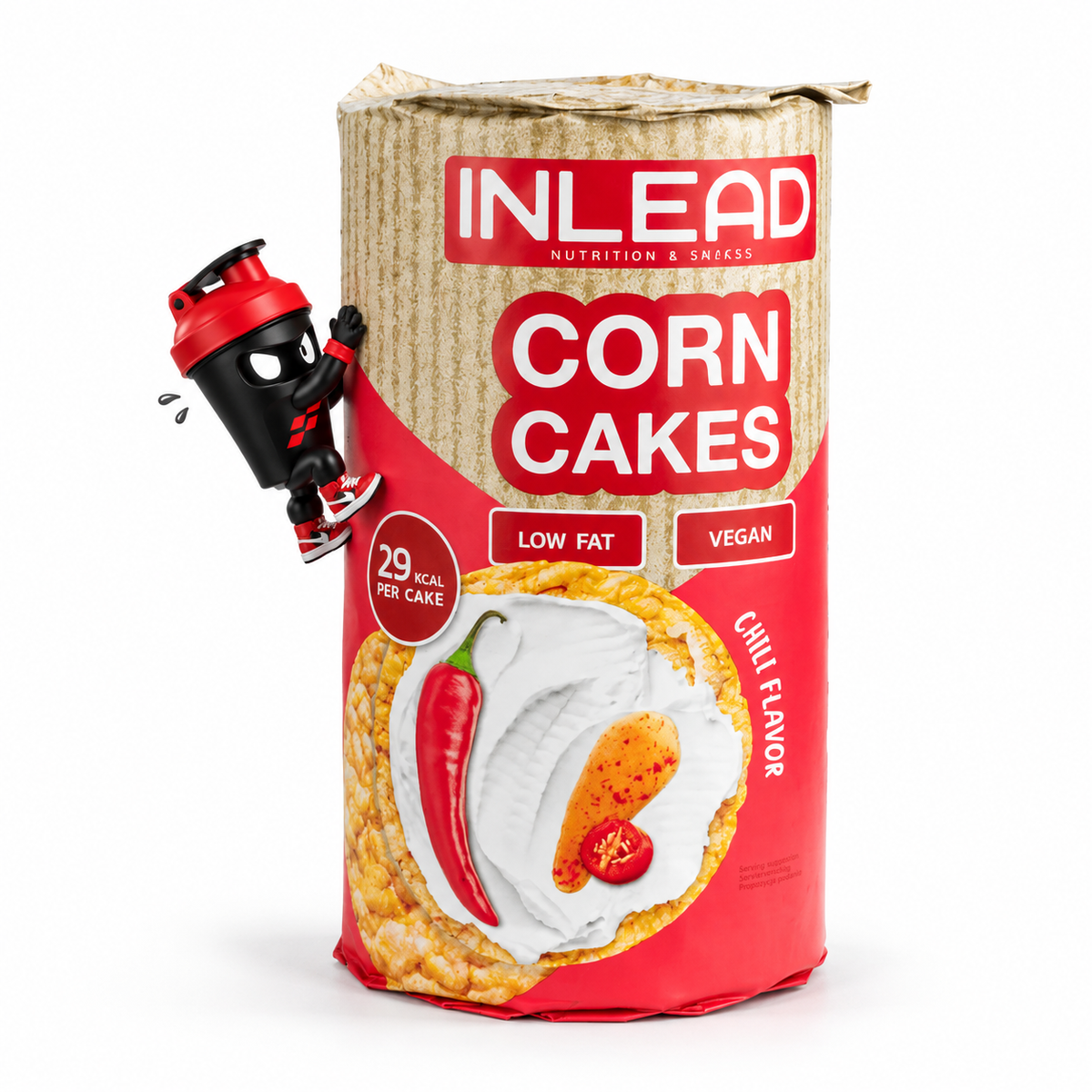 Inlead Nutrition Corn Cakes 120g Chili, Rote Chili-Maiswaffelverpackung mit Shaker-Maskottchen.