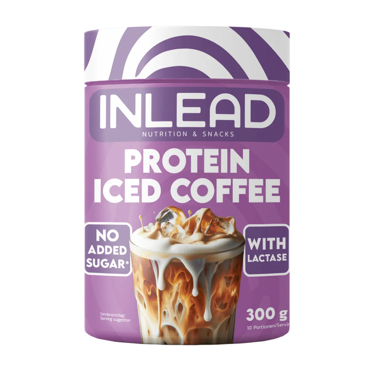 Inlead Nutrition Protein Iced Coffee 300g, Lilafarbene Dose mit Eiskaffeemotiv, Vorderansicht.