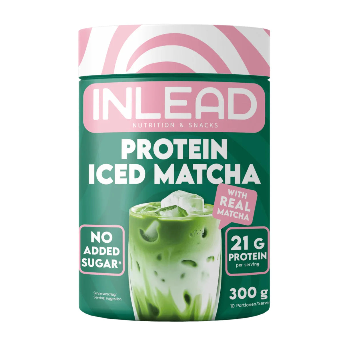 Inlead Nutrition Protein Iced Matcha 300g, Grün-rosa Dose mit Matchaglas-Motiv, Vorderansicht.