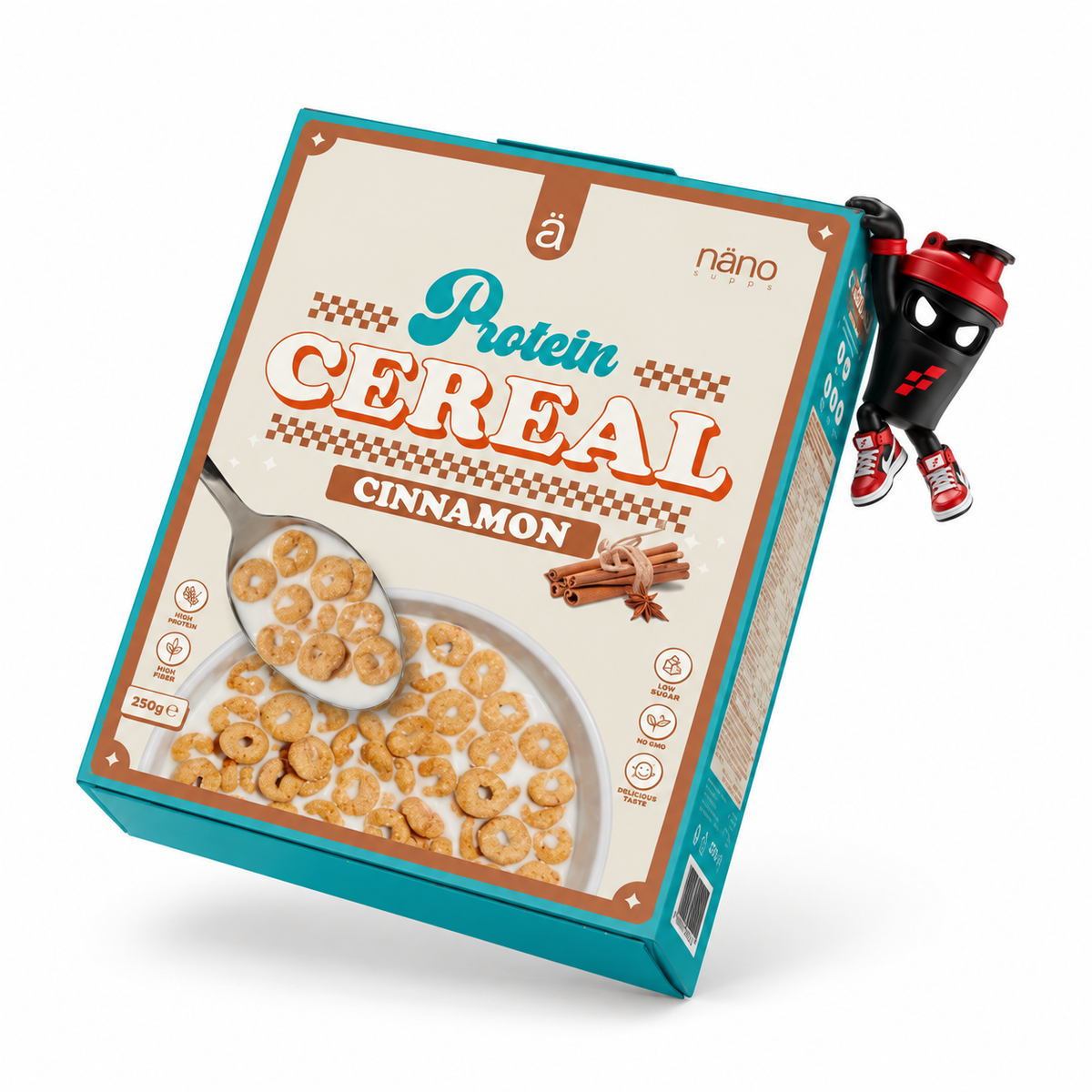 Nano Supps Protein Cereal 250g Cinnamon Rings, Türkisfarbene Müslischachtel mit Zimtringen und Shaker-Maskottchen.