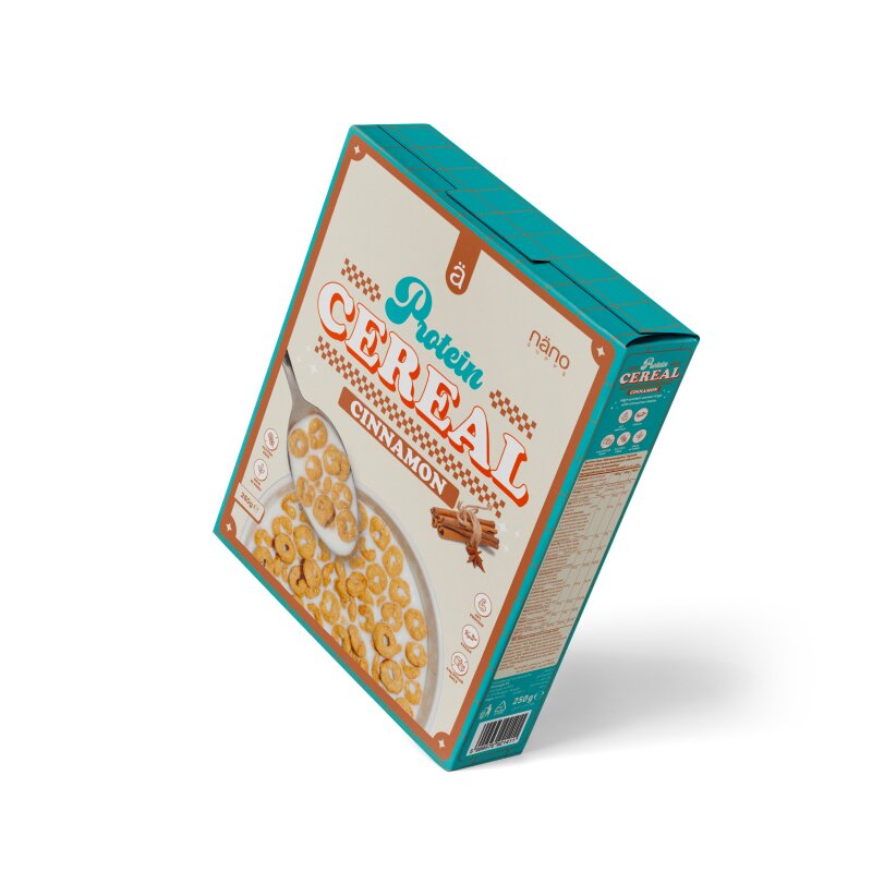 Nano Supps Protein Cereal 250g Cinnamon Rings, Türkisfarbene Müslischachtel schräg von vorn.