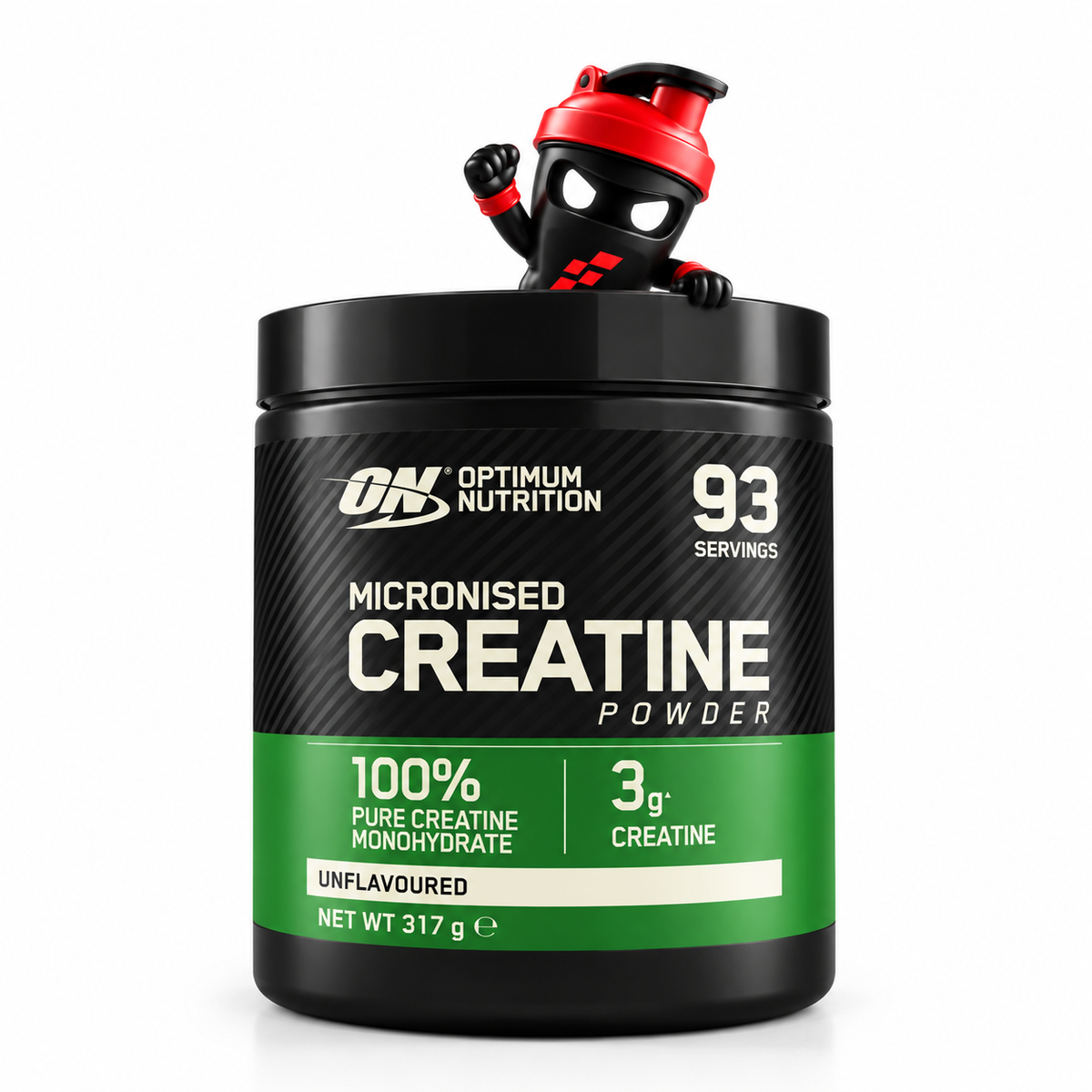 Optimum Nutrition Creatine 317g, Schwarz-grüne Dose Unflavoured mit Shaker-Maskottchen.