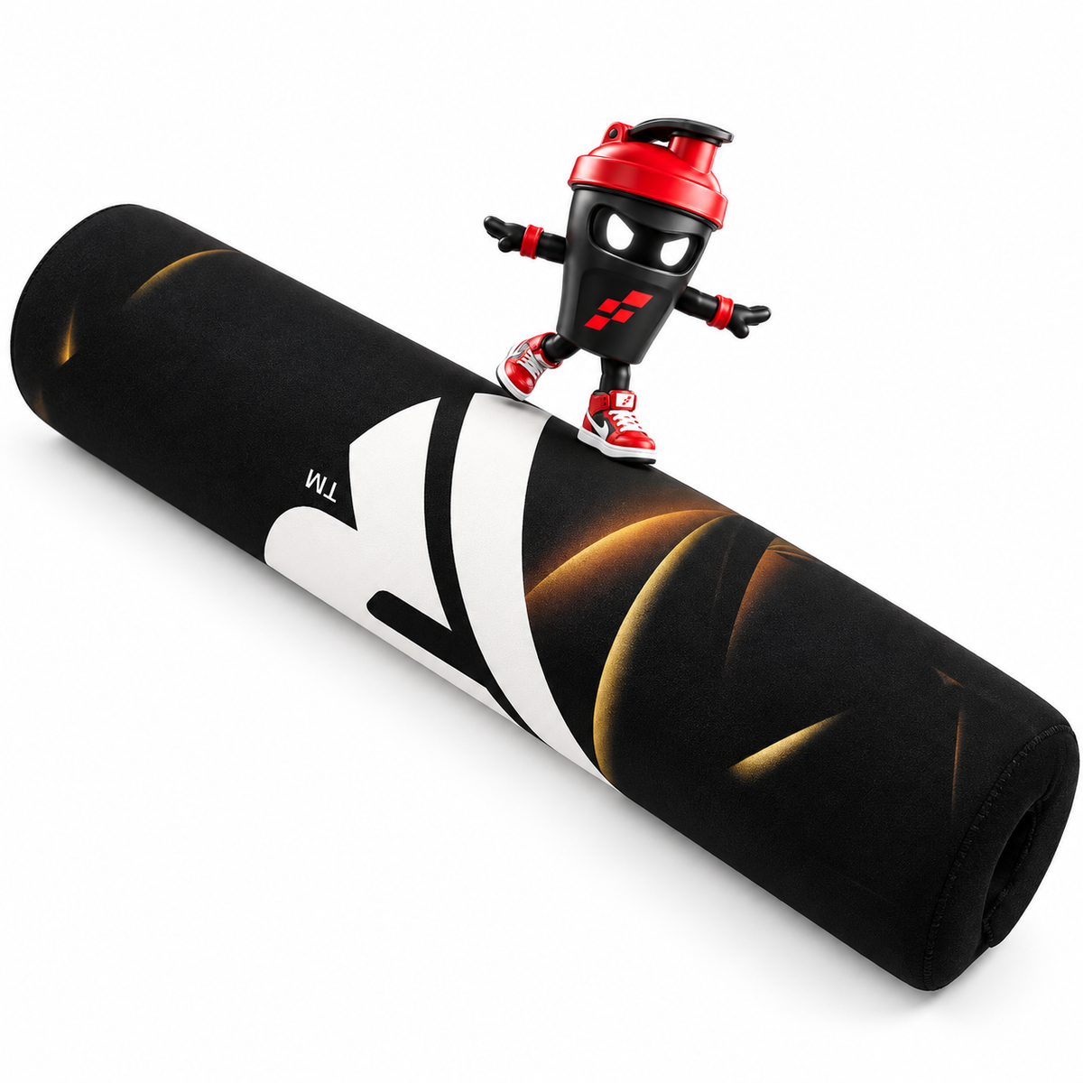 Schwarzes RDX Langhantelpolster mit weißem Logo, goldfarbenem Muster und Shaker-Maskottchen.