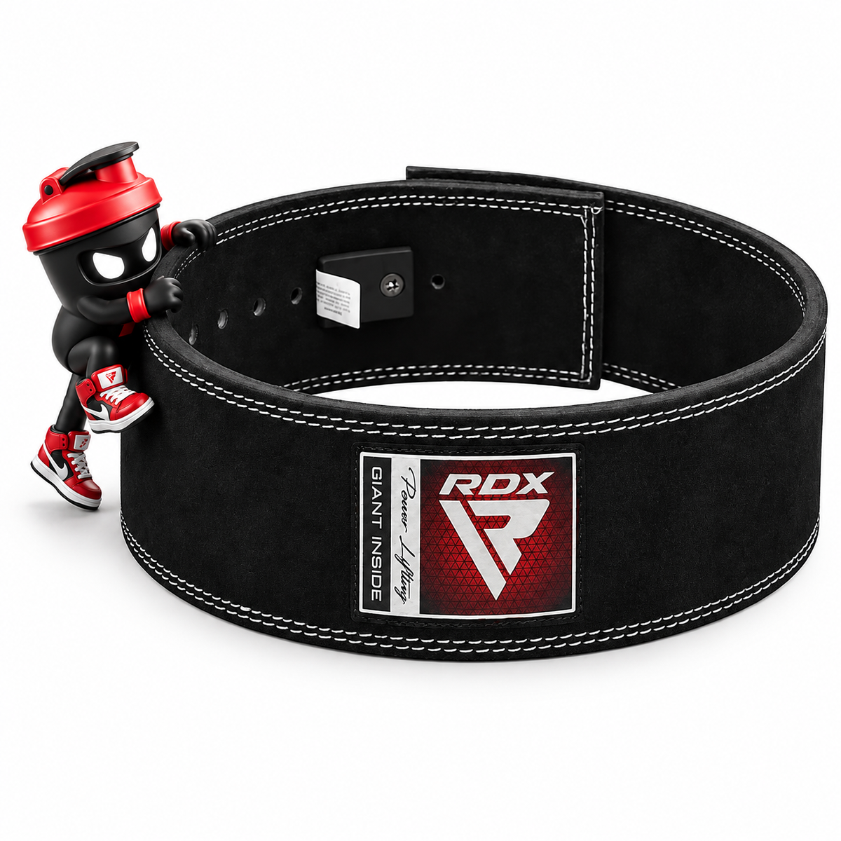 Schwarzer RDX Pro Belt mit weißen Nähten, rotem Markenlogo und Shaker-Maskottchen.