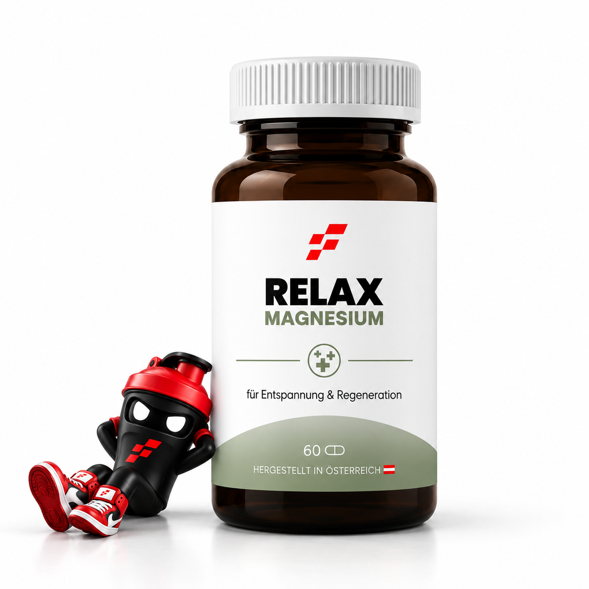 Relax Magnesium, Braune Flasche mit weißem Deckel und liegendem Shaker-Maskottchen.