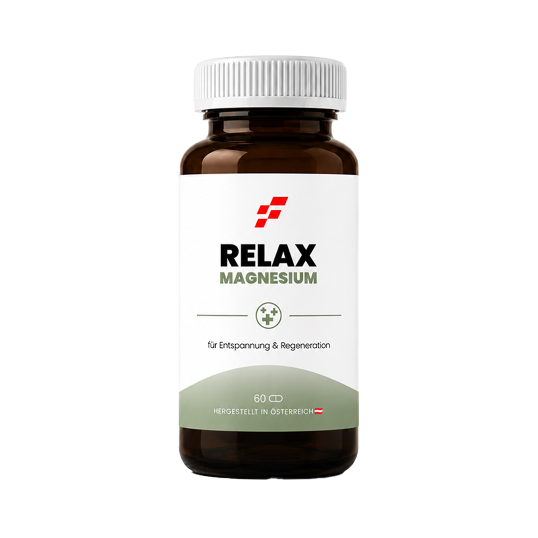 Relax Magnesium, Braune Flasche mit weißem Deckel, Vorderansicht.