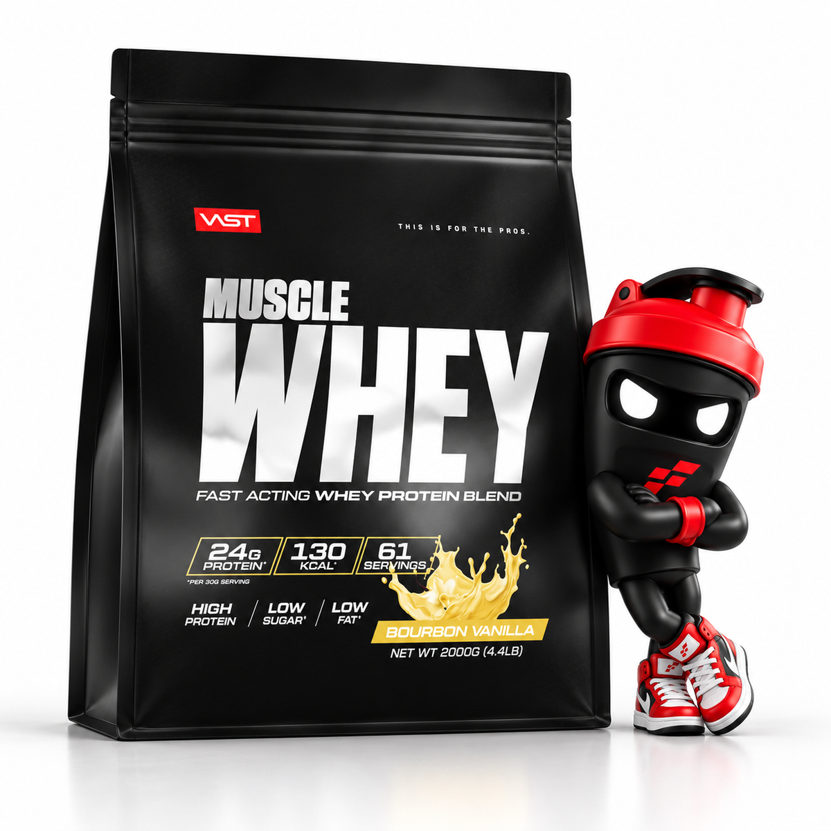 Vast Muscle Whey Protein 2kg, Schwarzer Beutel Bourbon Vanilla mit Shaker-Maskottchen.
