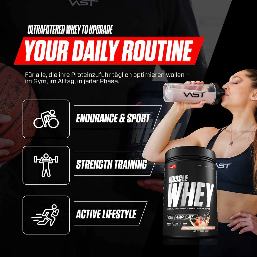 Vast Muscle Whey Protein 900g, Frau trinkt aus einem Shaker neben Trainings- und Alltagssymbolen.