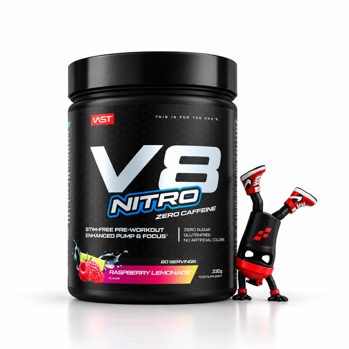 Vast Sports V8 Nitro Zero Caffeine, Schwarze Dose Raspberry Lemonade mit Shaker-Maskottchen im Handstand.