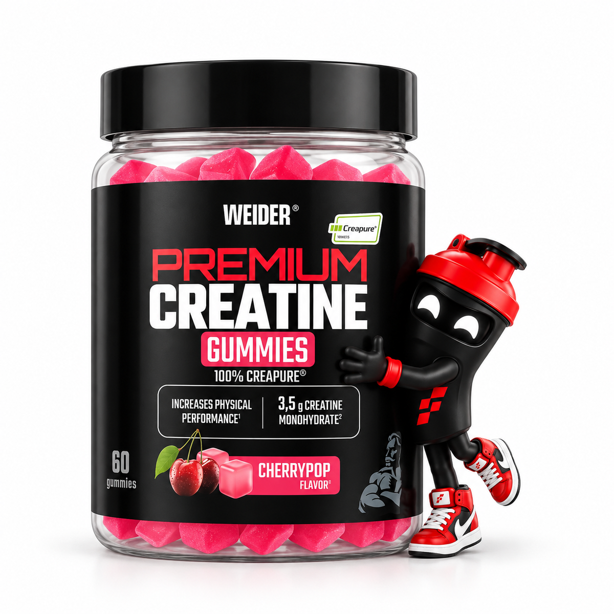Weider Premium Creatine Gummies – Cherry Pop (60 Stück), Transparente Dose Cherry Pop mit pinken Gummies und Shaker-Maskottchen.