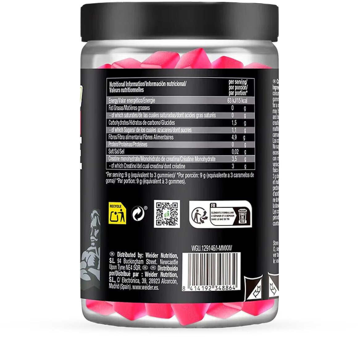 Weider Premium Creatine Gummies – Cherry Pop (60 Stück), Rückseite der Cherry-Pop-Dose mit Nährwerttabelle und Barcode.