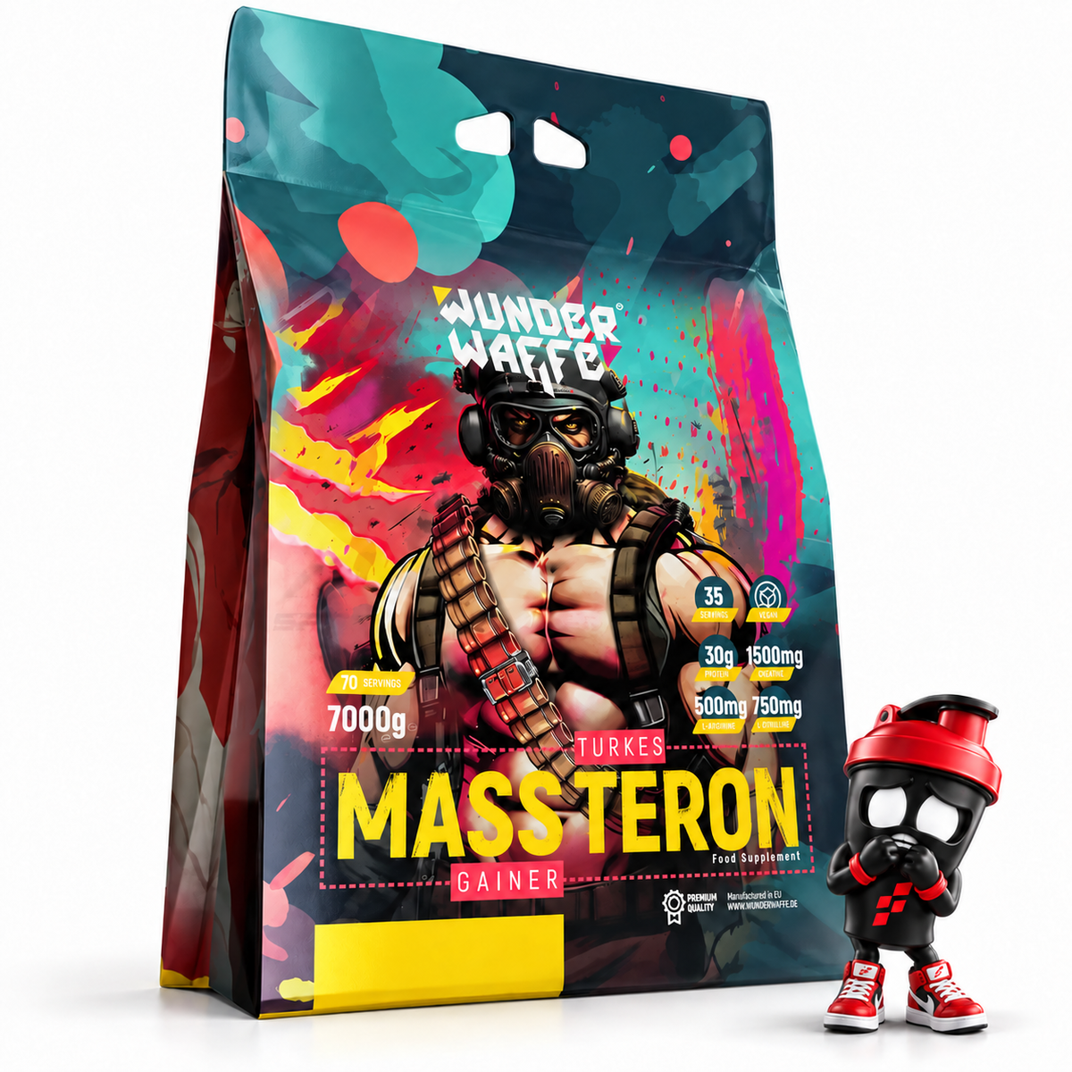 Wunderwaffe MASSTERON Mass Gainer - 7 kg, Großer bunter Gainer-Beutel mit gezeichnetem Krieger und Shaker-Maskottchen.