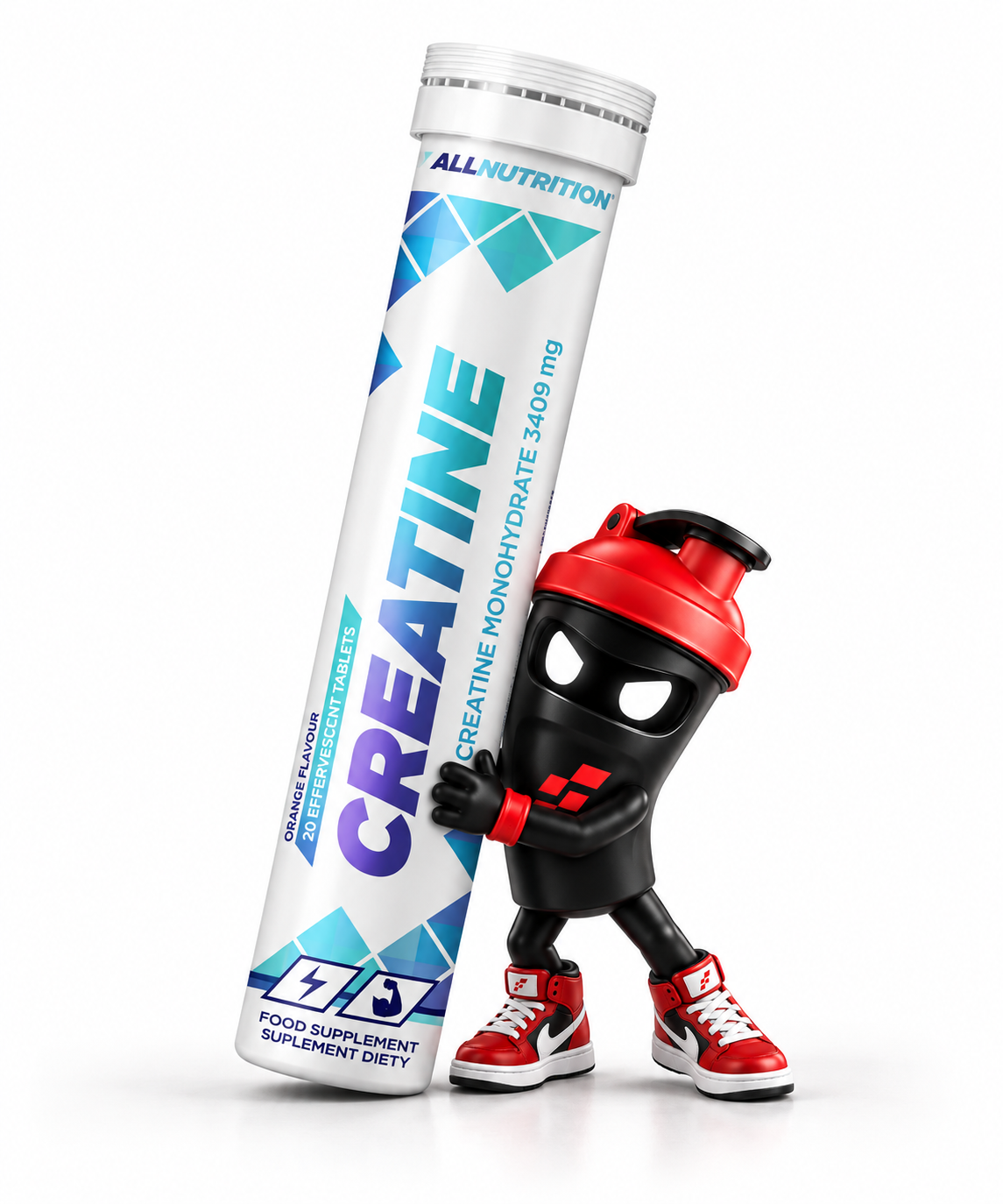 Allnutrition Creatine 20 Brausetabletten Orange, Brausetablettenröhre Orange mit Shaker-Maskottchen.