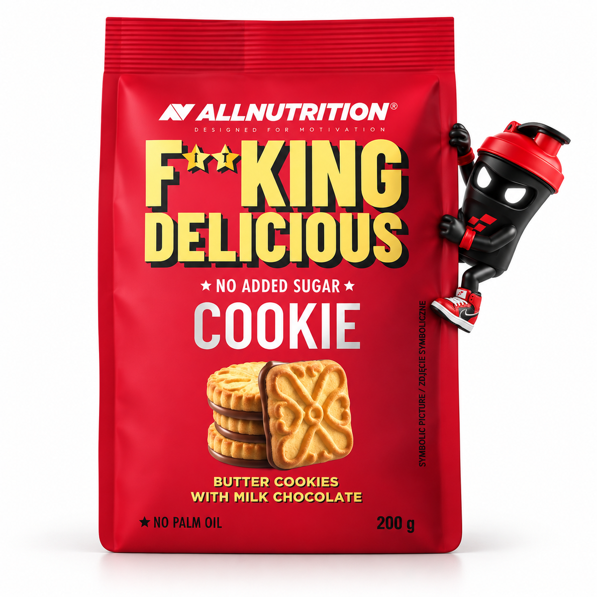 Allnutrition FITKING Delicious Butter COOKIES, Roter Beutel Butter Cookies with Milk Chocolate mit Shaker-Maskottchen.