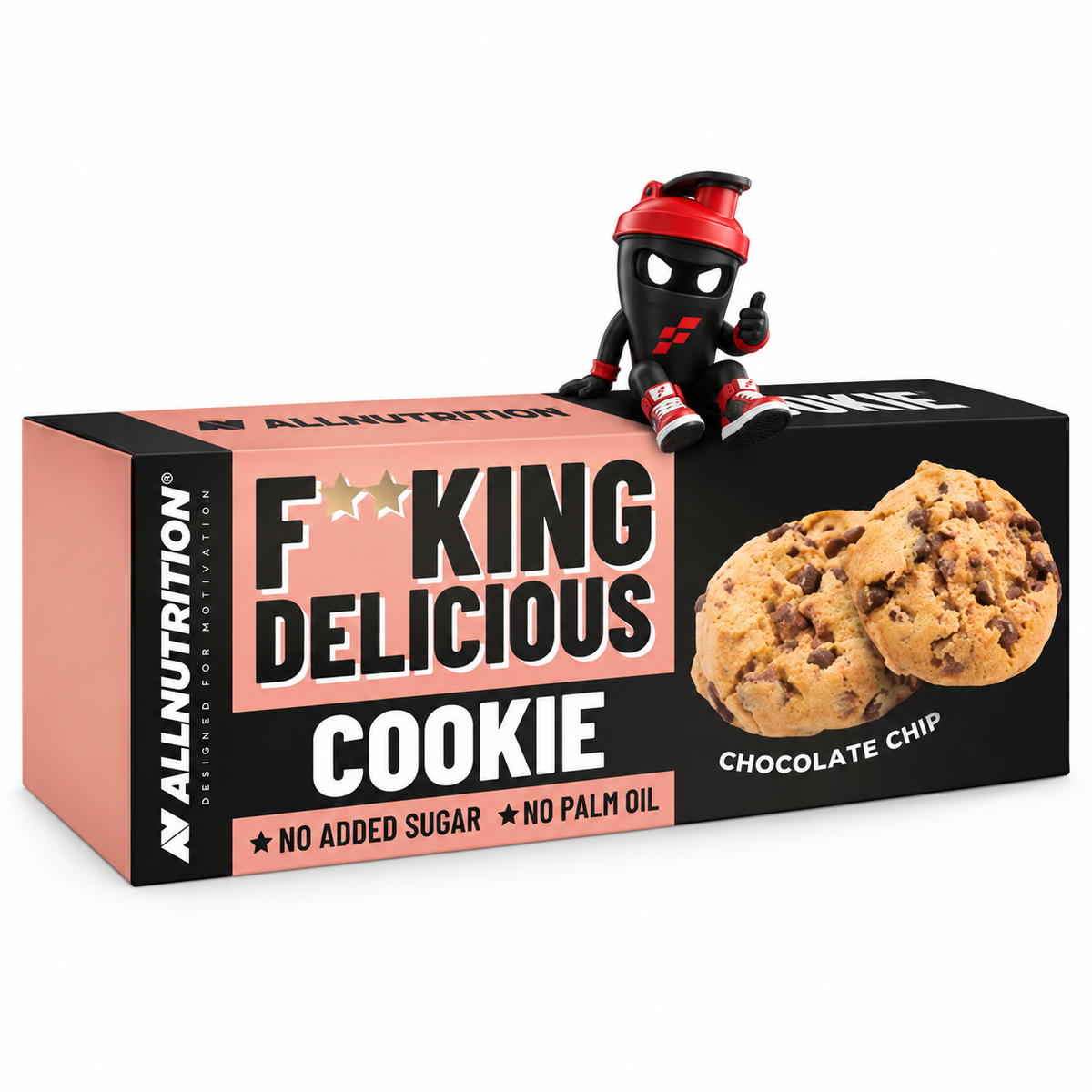Allnutrition FITKING Delicious Cookies, Chocolate Chip, schwarze und rosafarbene Schachtel mit Shaker-Maskottchen.