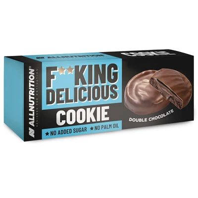 Allnutrition FITKING Delicious Cookies, Double Chocolate, schwarze und türkisfarbene Schachtel.