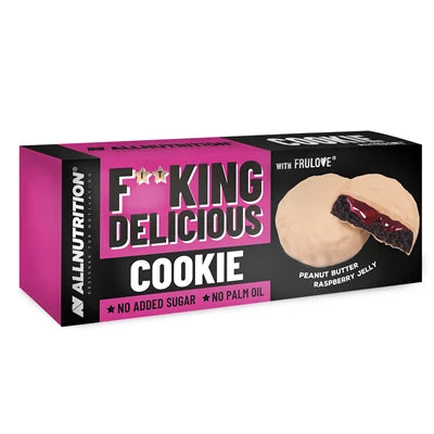 Allnutrition FITKING Delicious Cookies, Peanut Butter Raspberry Jelly, schwarze und pinkfarbene Schachtel.