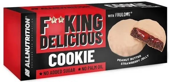 Allnutrition FITKING Delicious Cookies, Peanut Butter Strawberry Jelly, schwarze und rote Schachtel.