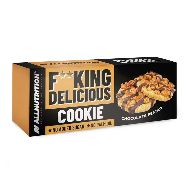 Allnutrition FITKING Delicious Cookies, Chocolate Peanut, schwarze und goldfarbene Schachtel.