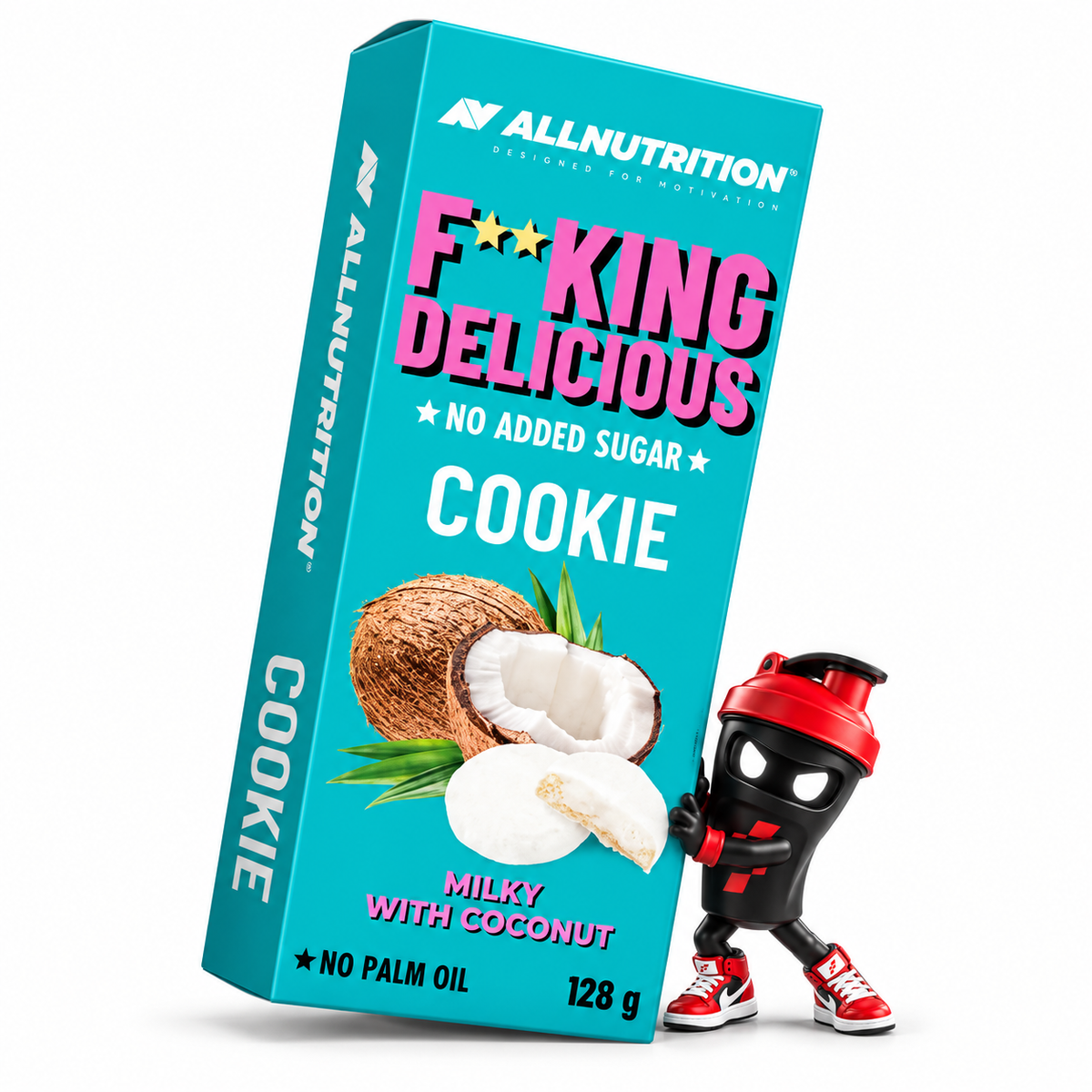 Allnutrition FITKING Delicious Cookies II, Milky with Coconut, türkisfarbene Schachtel mit Shaker-Maskottchen.