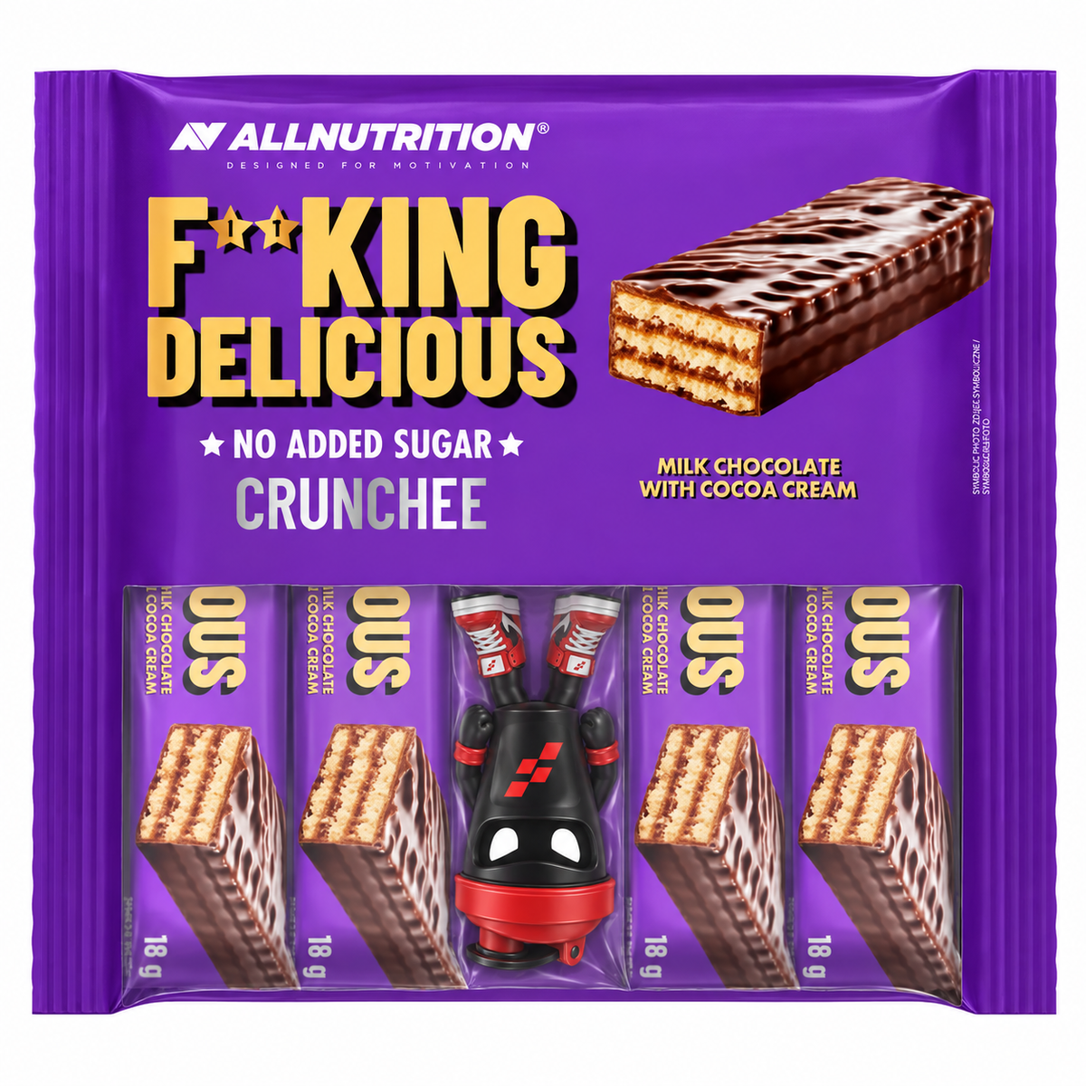 ALLNUTRITION Fitking Delicious Crunchee 5PACK 5x 18g, Lila Fünferpack mit einzeln verpackten Waffelriegeln und Shaker-Maskottchen.