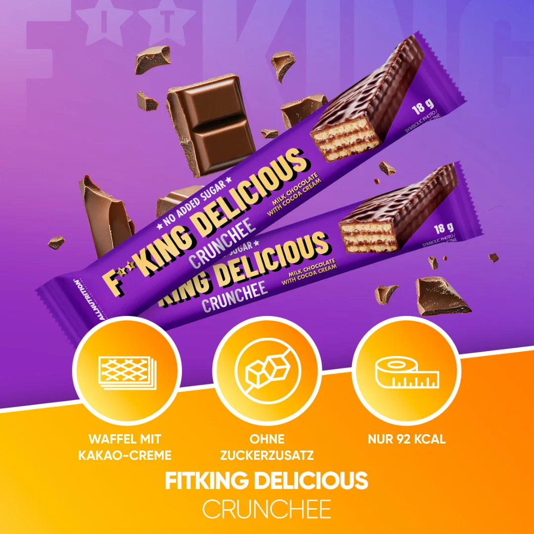 ALLNUTRITION Fitking Delicious Crunchee 5PACK 5x 18g, Zwei verpackte Waffelriegel mit Schokoladenmotiven und beworbenen Eigenschaften.