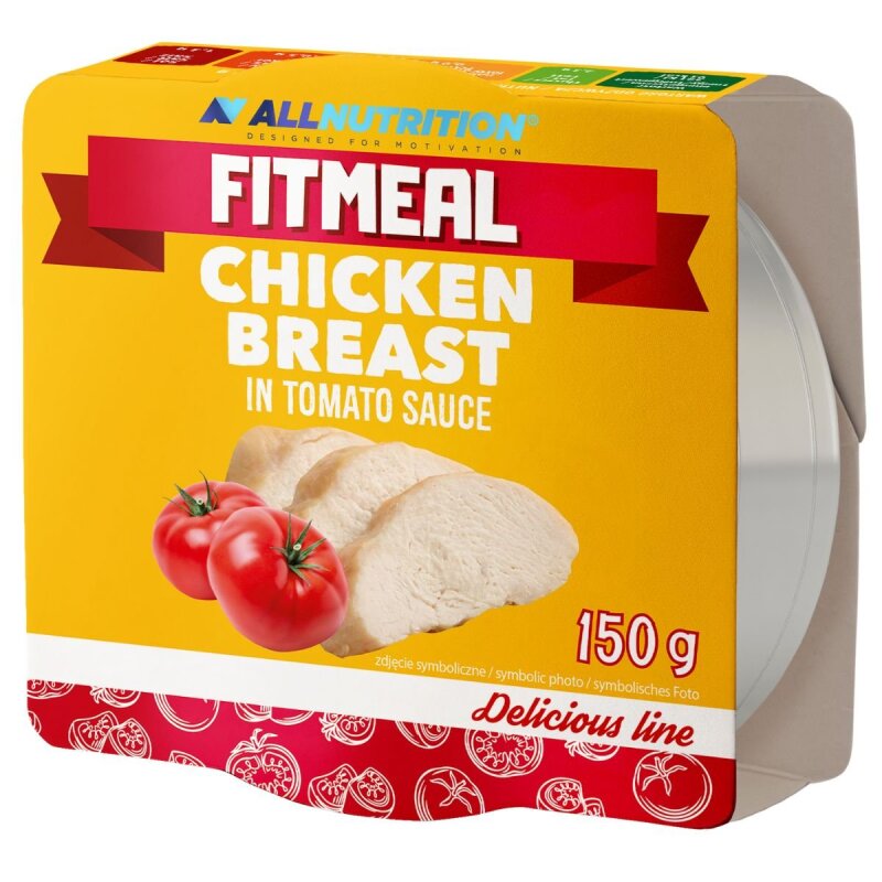 Allnutrition Fitmeal Hähnchenbrust in Sauce 150g, Gelbe Schalenverpackung Hähnchenbrust in Tomatensauce.