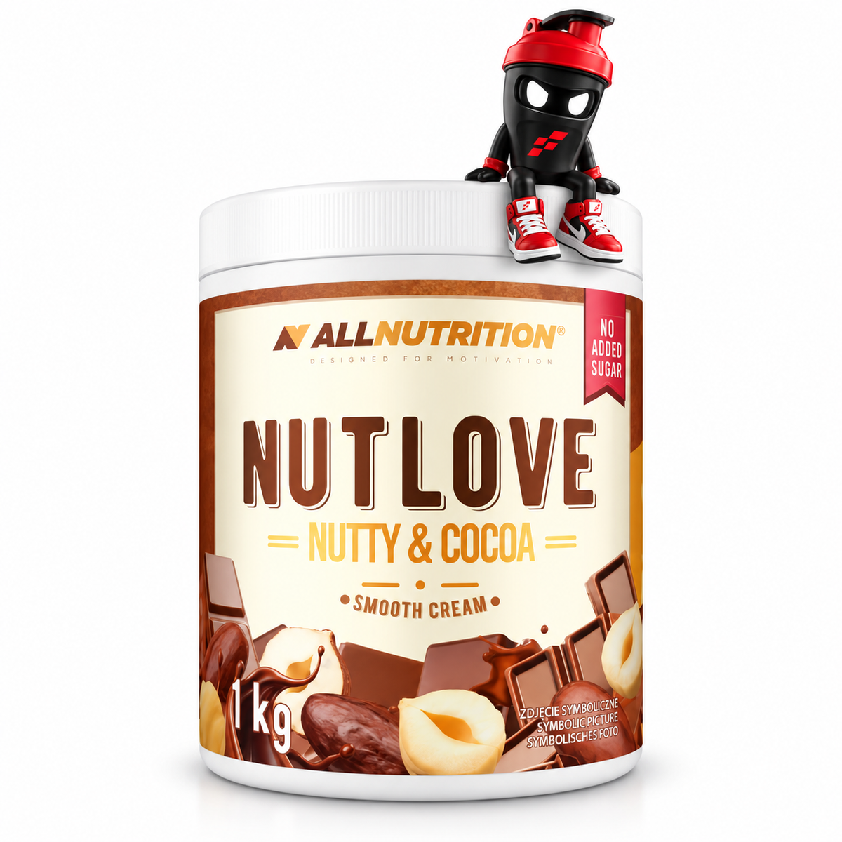 Allnutrition Nutlove 1000g Nutty and Cocoa Smooth Cream, Weiße Dose Nutty & Cocoa mit Shaker-Maskottchen auf dem Deckel.
